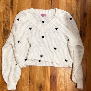 Miami Cream V-Neck Sweater with Black Heart Pattern